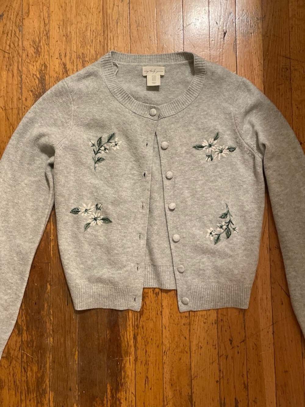 Grey Embroidered Floral Crewneck Cardigan - medium